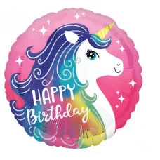 Шар (18\'\'/46 см) Круг, Волшебный единорог, С Днем Рождения!, Розовый, 1 шт. 15595
