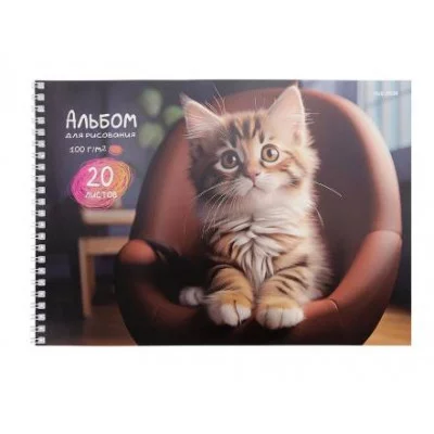 Альбом для рисования А4 20л. ИНТЕРЬЕР С КОТЯТАМИ (20-0999) на гребне, мелов. обл.офсет 20-0999