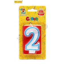 Свеча для торта с синей окантовкой с блёстками Цифра 2 С-1100