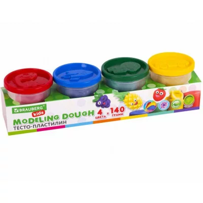 Пластилин-тесто для лепки BRAUBERG KIDS, 4 цвета, 560 г, яркие классические цвета, крышки-штампики, 106715