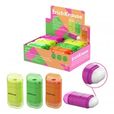 Точилка пластиковая ErichKrause JOY®, Neon, с контейнером и ластиком, ассорти 60075