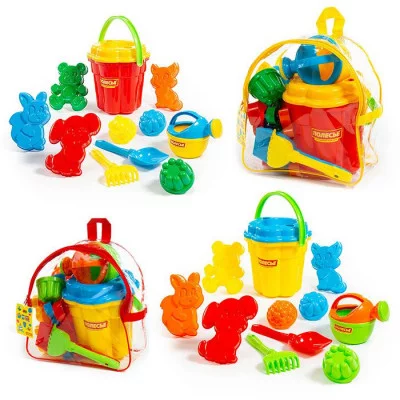 Набор №168 (в рюкзаке): ведро-цветок большое, ситечко-цветок лопатка №5, грабельки формочки (белочка + пёсик котёнок медведь), 3 формочки, лейка малая №4 5006