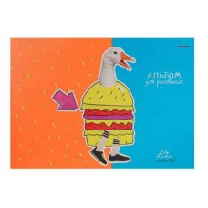 Альбом для рисования А4 24л. ЗВЕРИ И ФАСТФУД скрепка, 6+0, лен 24-3768
