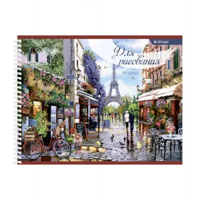 Альбом для рисования 245*195 мм, 40л, Alingar, гребень, мел. картон(стандарт) 210г/м2, офсет 100 г/м2,, "Париж" AL9458