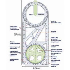 Линейка 15 см. пластиковая DC-19 с встроенным транспортиром 360 градусов и различными фигурами, в зип-пакете, CY-3604 328589
