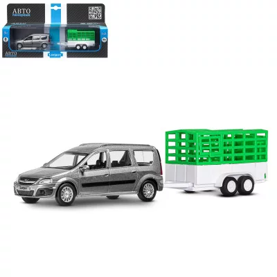 ТМ "Автопанорама" Машинка металлическая 1:43, LADA LARGUS серая, откр. 2 двери., инерция + сельхозприцеп JB1251628