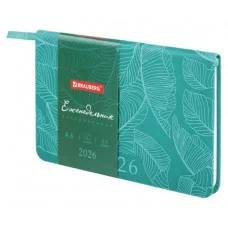 Еженедельник датированный 2026 МАЛЫЙ ФОРМАТ 95х155 мм, А6, BRAUBERG "Foliage", под кожу, бирюза, 117197
