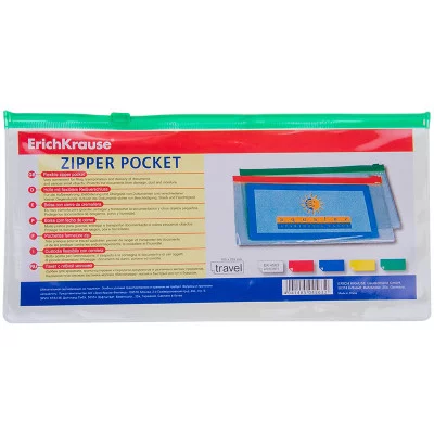 Папка-конверт на молнии ERICH KRAUSE 255*130мм, прозрачная, 0,14мм, 4563