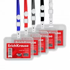 Бейдж горизонтальный в комплекте с лентой ErichKrause книжка, размер вставки 85х54 мм, прозрачный, цвет ленты ассорти, 62081
