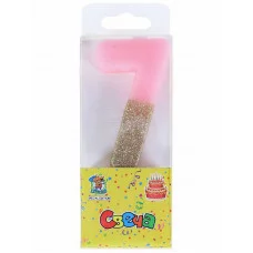 Свеча для торта розовая цифра  7 с блестящим глиттером С-9586