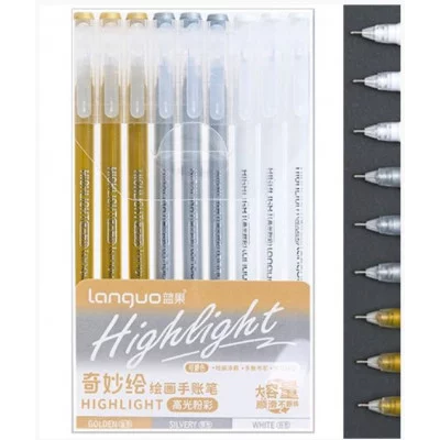 Ручки гелевые набор- 9 шт. DE-72 3 цвета (золото, серебро, белый) 0,6мм, игольчатый стержень, прозрачный корпус, в уп ПВХ LG-D0561 329848