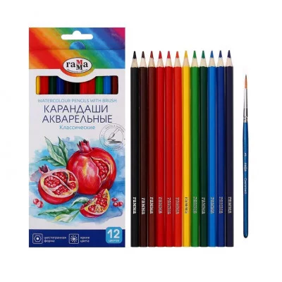 Карандаши акварельные Гамма "Классические", 12цв., шестигранные, заточен., с кистью, картон. упак., европодвес 356616