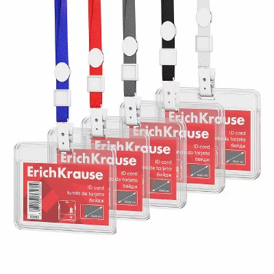 Бейдж горизонтальный в комплекте с лентой ErichKrause слайдер, размер вставки 85х54 мм, прозрачный, цвет ленты ассорти, 62083