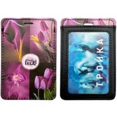 Обложка для проездного билета DC-811 черно-розовая "Тюльпаны" 2 кармана, А7, гладкая экокожа 329921