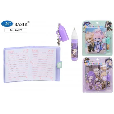 Набор подарочный канцелярский детский АНИМЕ блокнот на кнопке 10,3*8 см +мини ручка, пластикова МС-6789