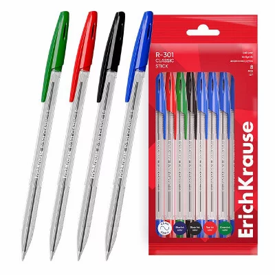 Набор из 8 ручек шариковых ErichKrause R-301 Stick Classic 1.0, цвет чернил: синий, черный, красный, зеленый (в пакете) 60993