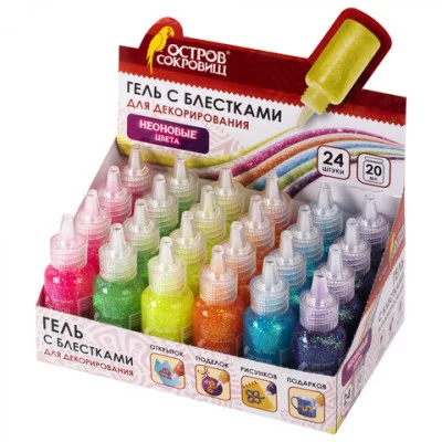Гель с блестками для декора ОСТРОВ СОКРОВИЩ, цена за 1 тюбик,  20 мл, цвета неон ассорти, 662261