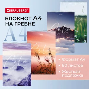 Блокнот БОЛЬШОЙ ФОРМАТ А4 198х297 мм, 80 л. гребень, жесткая подложка, клетка, BRAUBERG, Calm 114357