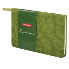 Еженедельник датированный 2026 МАЛЫЙ ФОРМАТ 95х155 мм, А6, BRAUBERG "Foliage", под кожу, зеленый, 117198