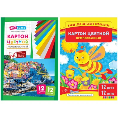 Картон цветной A4, ArtSpace, 12л., 12цв., немелованный, в папке Спейс 220681
