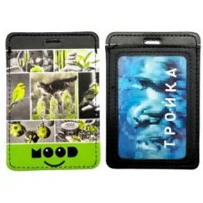 Обложка для проездного билета DC-810 черно-зеленый "Котик" 2 кармана, А7, гладкая экокожа 329920