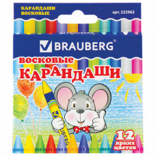 Восковые карандаши BRAUBERG/ПИФАГОР, 12 цветов, 222962