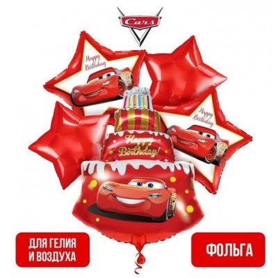 Набор фольгированных шаров "Happy Birthday", Тачки,  4звезды, торт   4617343