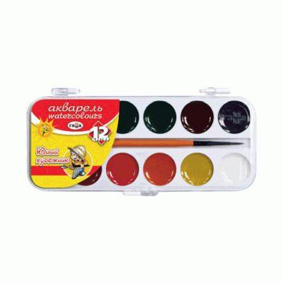 Акварель Гамма "Юный художник", медовая, 12 цветов, с кистью, пластик, европодвес Гамма 122511
