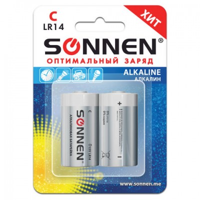 Батарейки КОМПЛЕКТ 2 шт., SONNEN Alkaline, С (LR14, 14А), алкалиновые, блистер, 451090