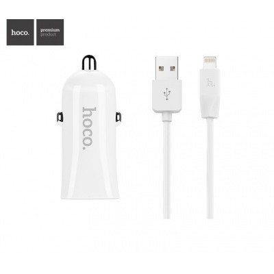 Блок питания автомобильный 2 USB HOCO, Z12, 2400mA, пластик, с кабелем Apple 8 pin, цвет: белый