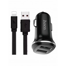 Блок питания автомобильный 2 USB HOCO, Z1, 2100mA, пластик, кабель Apple 8 pin, цвет: чёрный