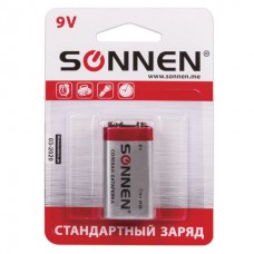 Батарейка SONNEN, 6F22 (тип КРОНА), 1шт., солевая, в блистере, 9В, 451101