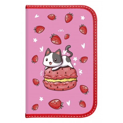 Пенал 1 секц. бол. Schoolformat STRAWBERRY CAT 190х90х25 картон, полиэстер молния роз. 237038