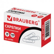 Скрепки BRAUBERG, 28 мм, оцинкованные, 100 шт., в картонной коробке, 227583