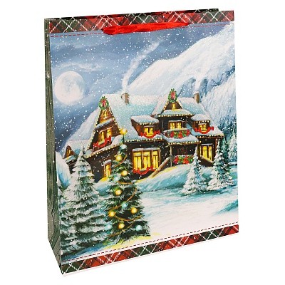 Dream cards Пакет подарочный с мат. лам. и  глиттером 26 x 32 x 10 см (L) Волшебный снежный двор, 210 г  ПКП-3775