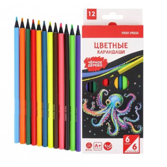 Карандаши цв. НЕОНОВЫЙ ОСЬМИНОГ, неоновые и классич трехгран.наб 12 цв,d=3мм,2М, КЦ-3876