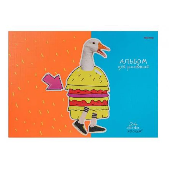 Альбом для рисования А4 24л. ЗВЕРИ И ФАСТФУД скрепка, 6+0, лен 24-3768